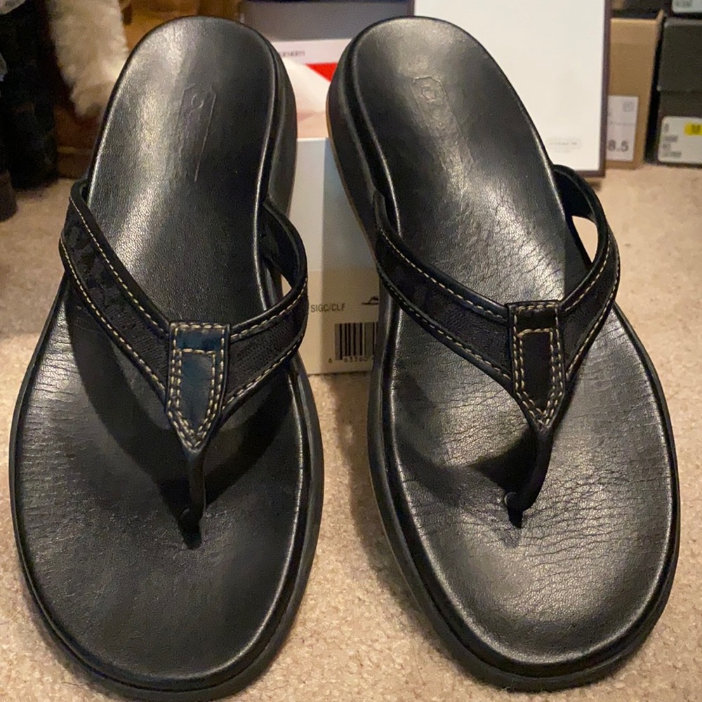 Coach Latrice 8M Black Leather Flip Flop